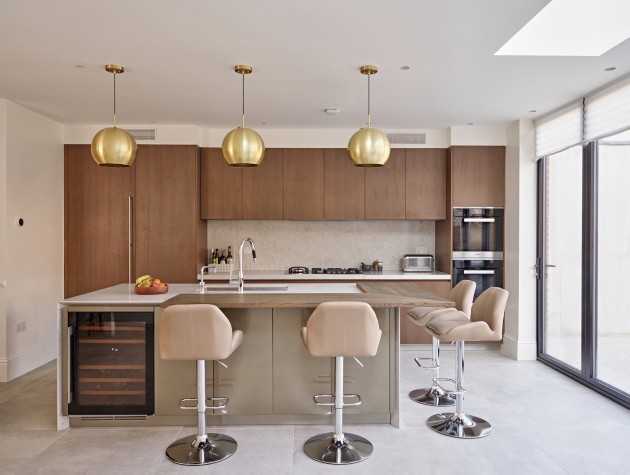 kitchen island with stools and pendant lights