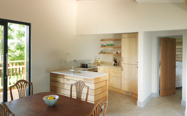 An open-plan living space in the Grand Designs house on stilts with a small kitchen area
