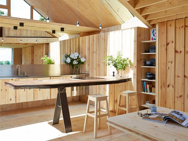 The timber-clad kitchen in the timber treehouse from Grand Designs in North Cornwall