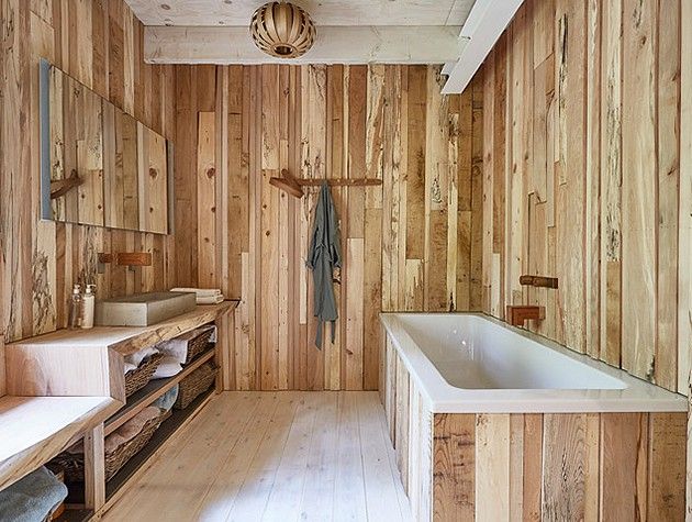 Wood-clad bathroom inside the steam bent timber house in Cornwall from Grand Designs