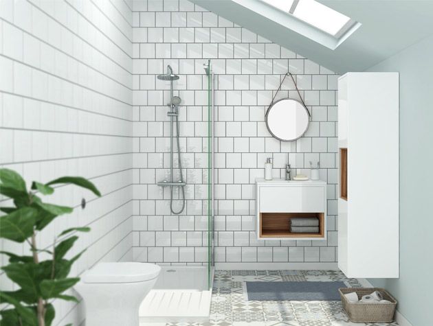 bathroom with stand alone shower wall hung basin