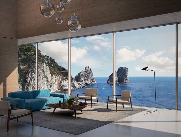 modern living room with large glass doors windows looking over scenic sea view