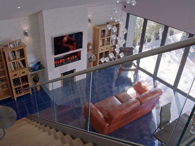 Terry and Olwen's living room from top of staircase featured on Grand Designs: The Street Episode 1 plot 1 on Channel 4