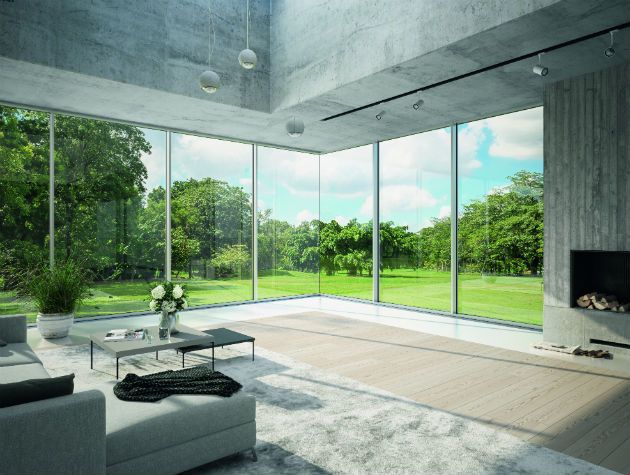 schueco grand designs june 2019 advertorial living room grey panoramic view garden windows