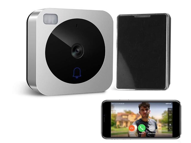 Netvue wi fi video doorbell with chime unit and smartphone showing app