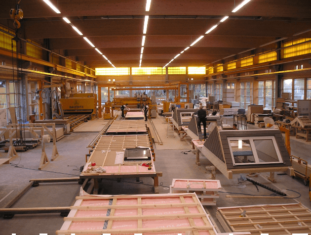 Interior of a factory making timber framed houses