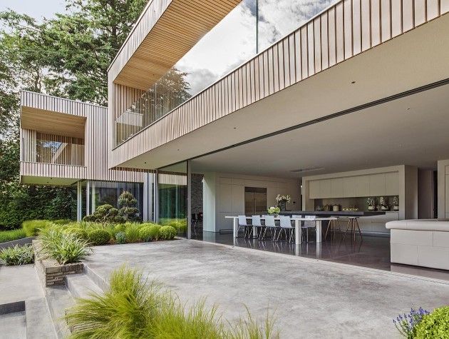 Rear elevation of modern house with open plan dining area
