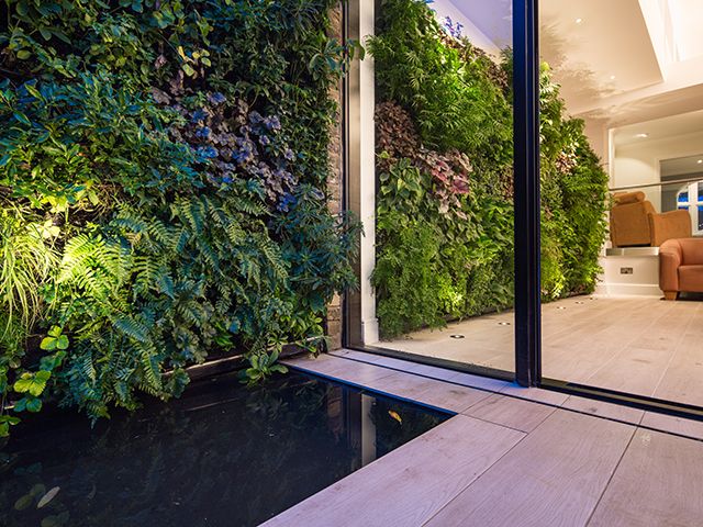 living plant wall in property designed by One World Design Architects. Photography by charlie turner - grand designs