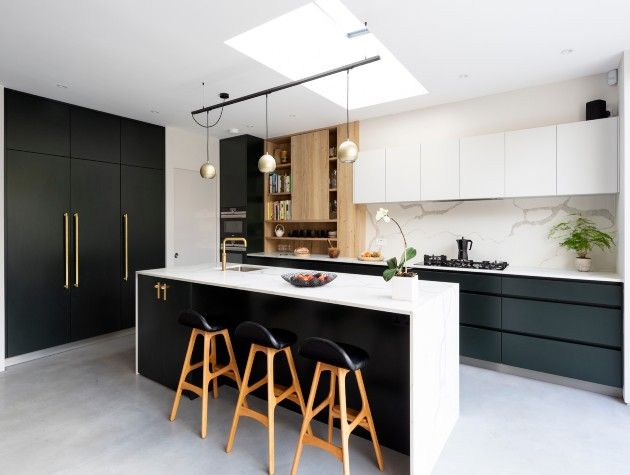 modern kitchen in black and white with island and stools