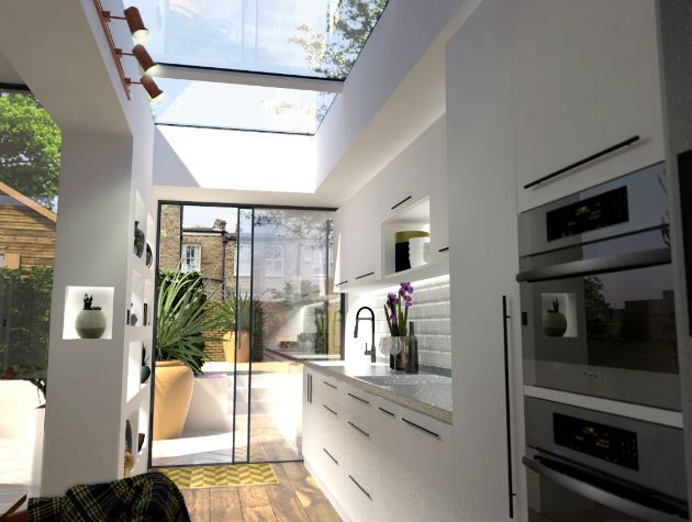modern kitchen with rooflights and patio door