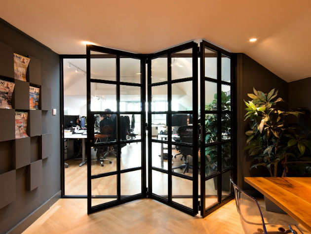 bifold steel doors in an office