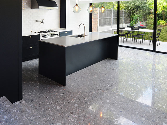 kitchen with poured terrazzo flooring - grand designs