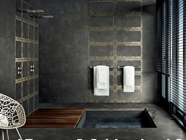 dark tile bathroom with showers and sunken bath copy
