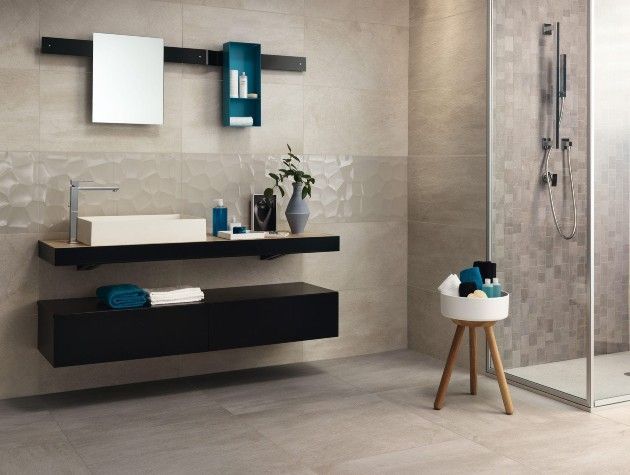 modern bathroom with beige tiles