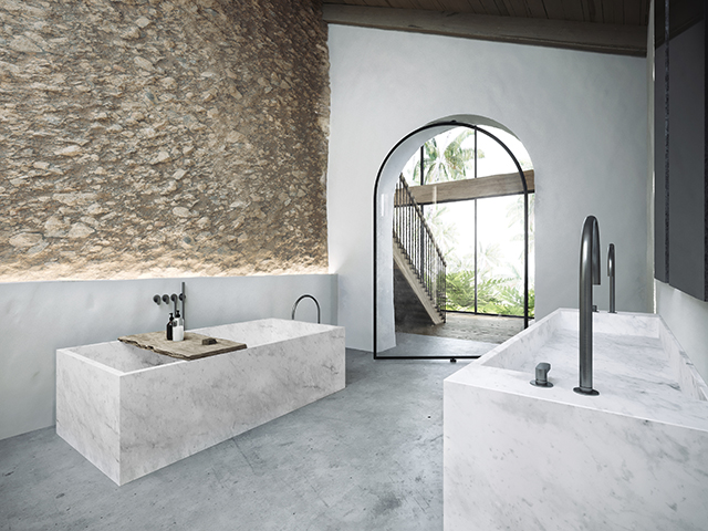 contemporary bathroom with traditional stone wall - John Pawson x COCOON - grand designs