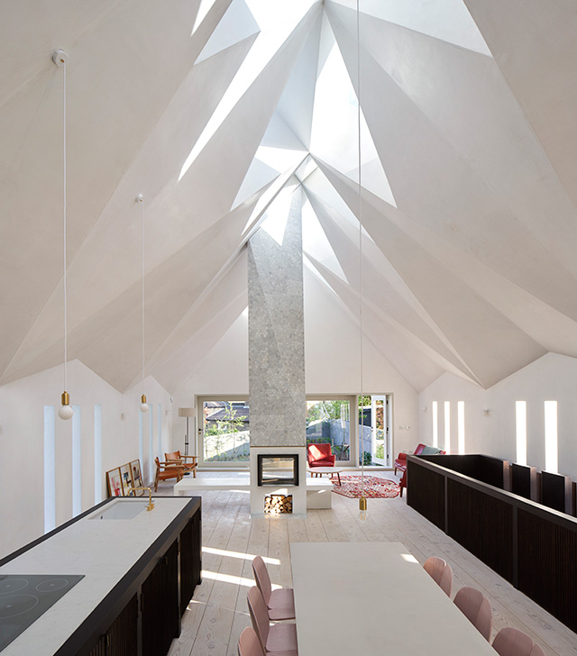 interior of chapel conversion with fireplace - grand designs