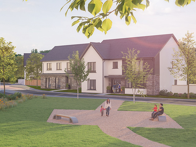 people walking in landscaped area near new-build home