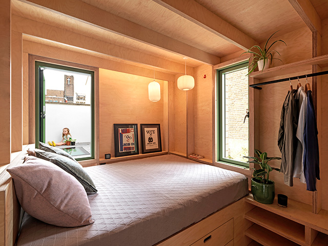 plywood bedroom with access to roof terrace - extension - grand designs 