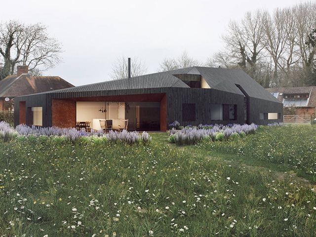 rendering of a modern self-build home with large garden - grand designs