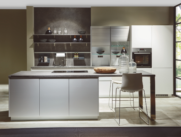 modern kitchen with island and crittall style window