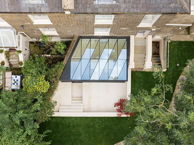 birds eye view of glass and timber extension - grand designs - self build homes