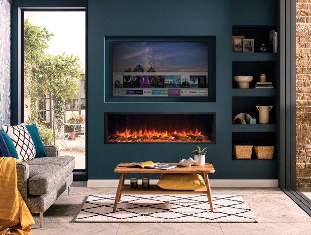 lounge of home with inset television and electric fire copy