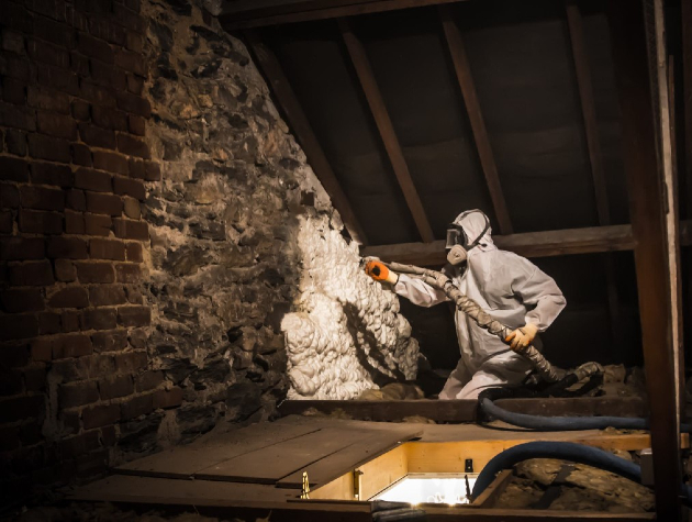 spray foam being applied in a loft by a man in a white suit