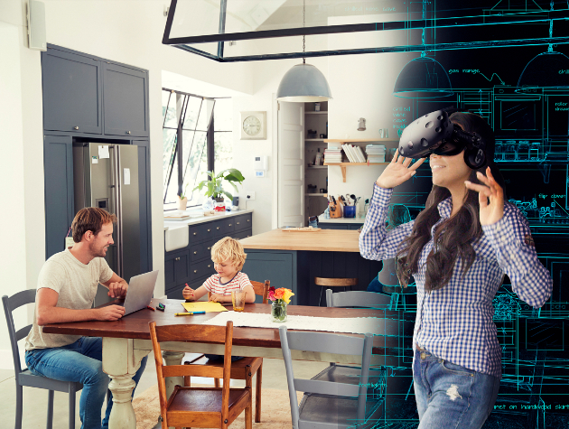 woman wearing vr headset next to man and boy sat at kitchen table copy copy
