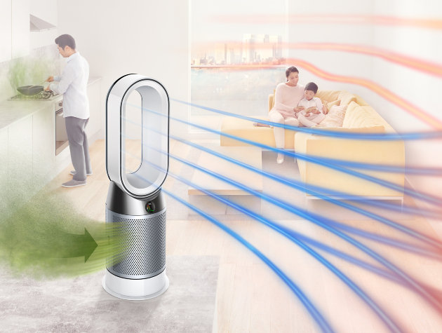 dyson air purifier with family in background