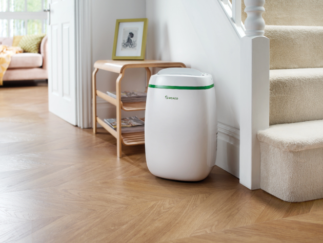 meaco air purifier in hallway at bottom of stairs