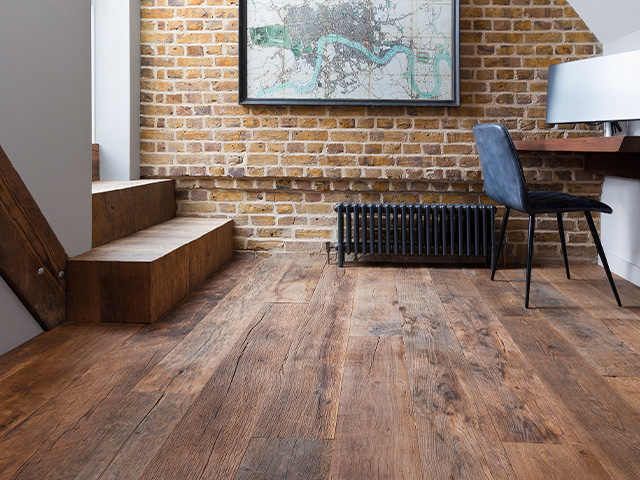Wooden flooring in a dark, oiled rustic oak finish
