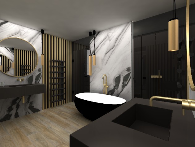 Black and gold bathroom with freestanding bath