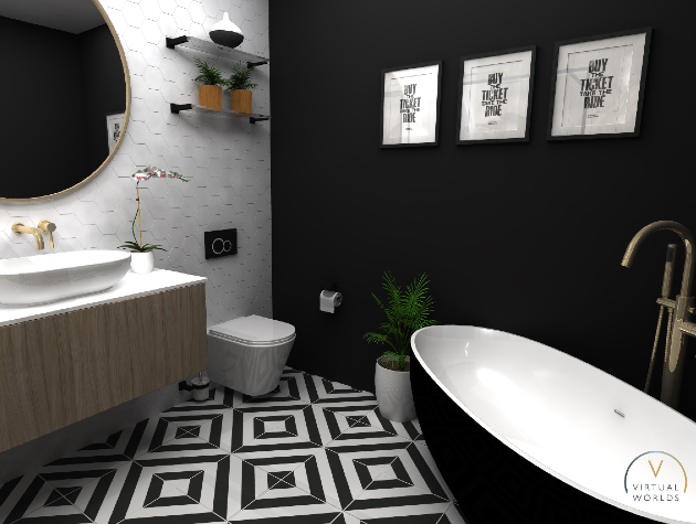 bathroom with black and white tiles and freestanding bath