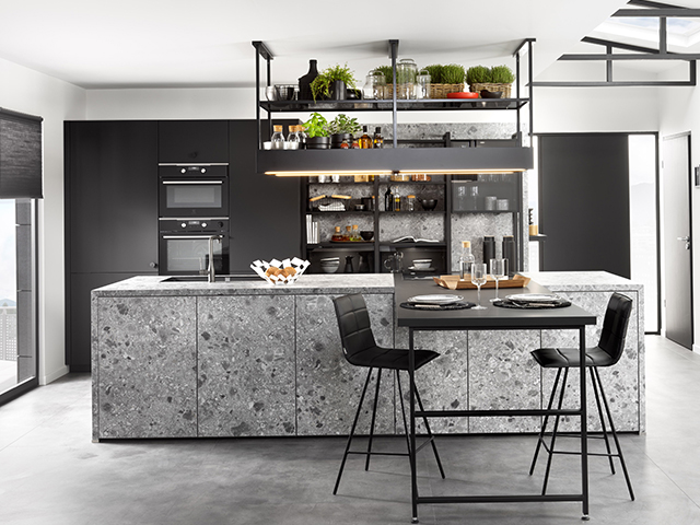 concrete-effect and black kitchen from Schmidt. Low cost luxury kitchen