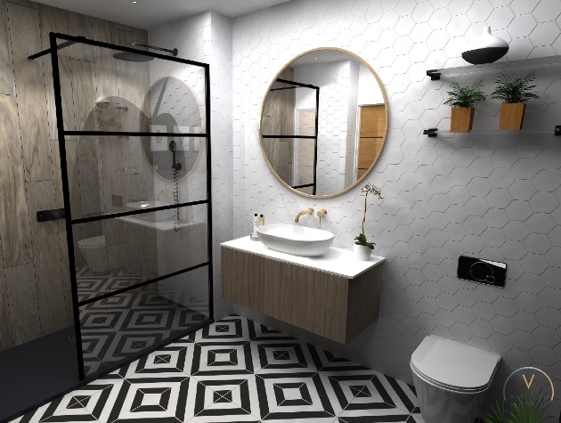 modern bathroom with walk in shower and geometric tiles