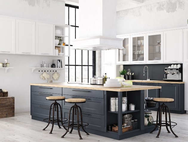 modern kitchen with island in black wood and crittall style windows