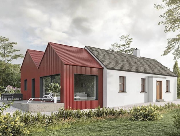 modern red extension to white house with outdoor patio