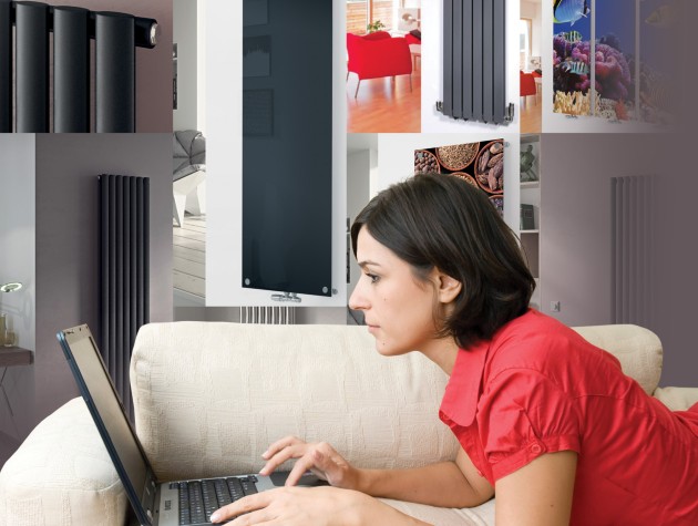 woman on sofa with laptop next to montage of radiators