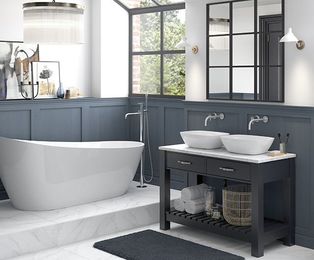 Freestanding bath, vanity unit and washbowls, from Bathrooms To Love 
