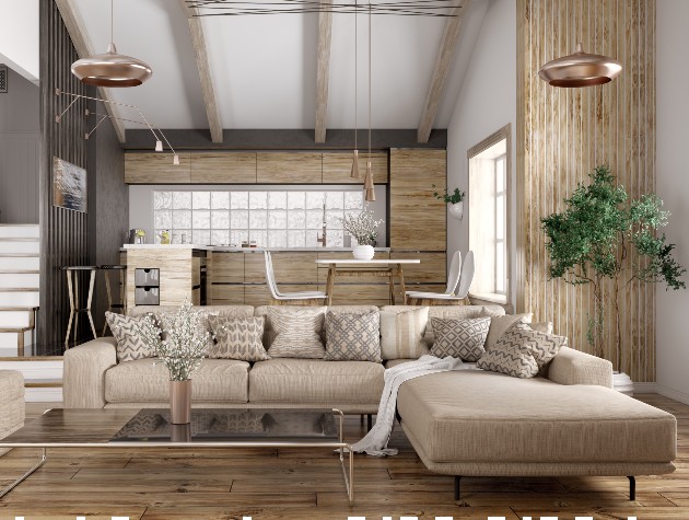 coffee table and l shaped sofa with modern kitchen behind