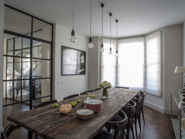 large dining table and chairs pendant lighting bay window and crittall style interior doors