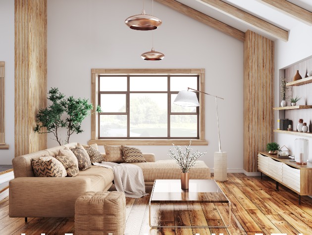 sitting area with l shaped sofa wooden floor and shelves