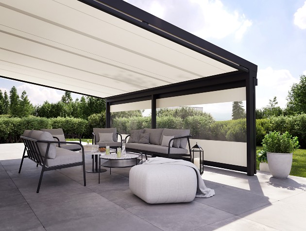 Patio with garden furniture and blinds