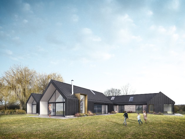 contemporary new build clad in zinc metal to look like farm buildings
