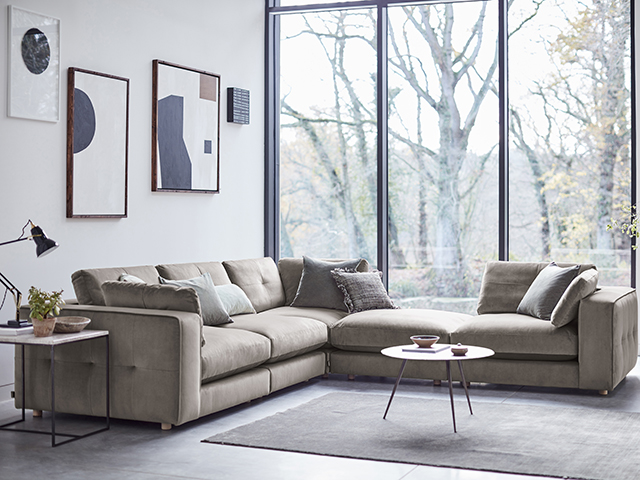 Grand Designs Tenby left hand facing corner sofa in mink velvet 3476 available exclusively at DFS