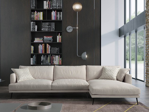 modern open plan living room with panoramic windows black library backdrop and taupe Ego Italiano contemporary sofa