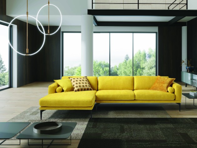 open plan living area with hooped pendant lighting and bright yellow Masu contemporary sofa by Ego Italiano