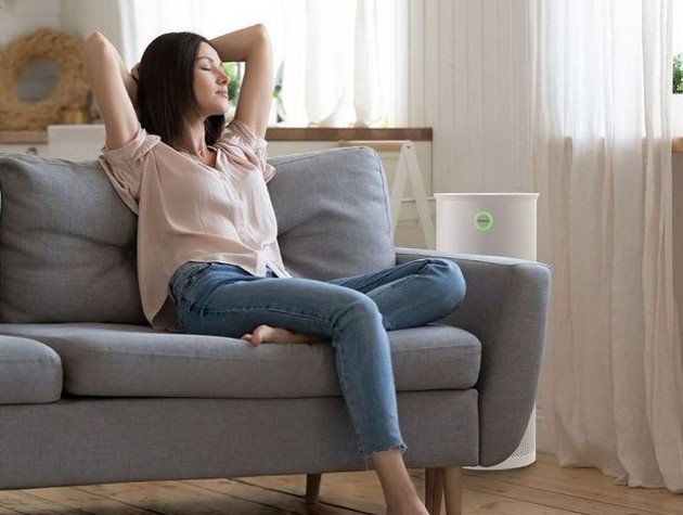 interior of modern living room with woman reclining on grey sofa with air purifier in background