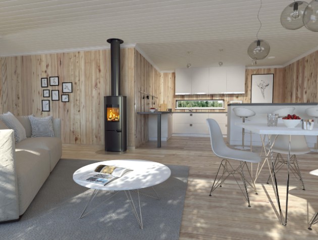 open plan room with kitchen dining and living areas stove and wood panelling