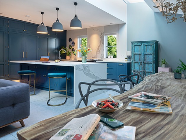 Dining table with food and magazines